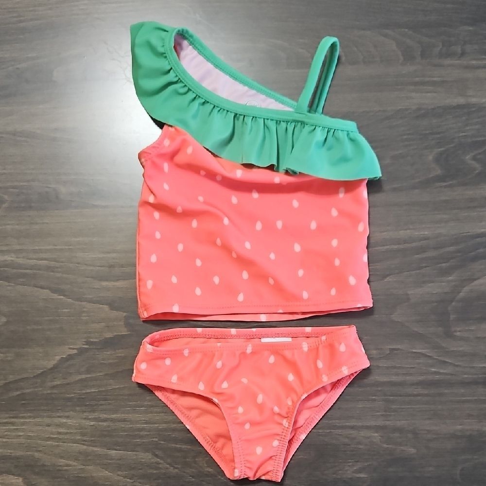 Wonder Nation Strawberry Bikini Swimsuit 12M Pink Coral Green Ruffle 2 Piece